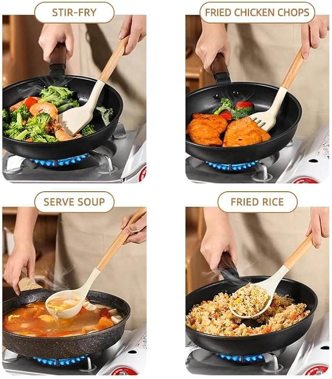 Silicone Cooking Utensils Set, 12 PCS Nonstick, BPA-Free, Wooden Handle, Non Toxic, Ideal for Home & Professional Kitchens