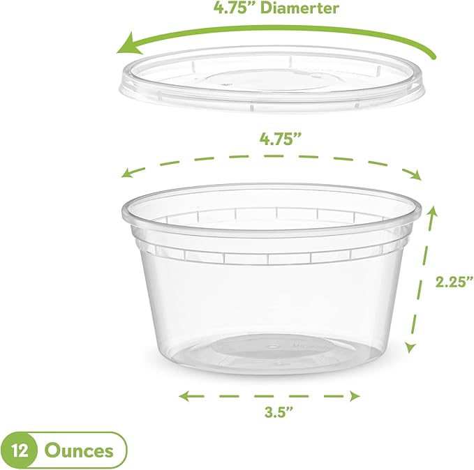12 OZ - 24 Sets Plastic Deli Food Storage Containers with Airtight Flexible Lids Microwavable, Leak Free, Washable, Freezer Safe.