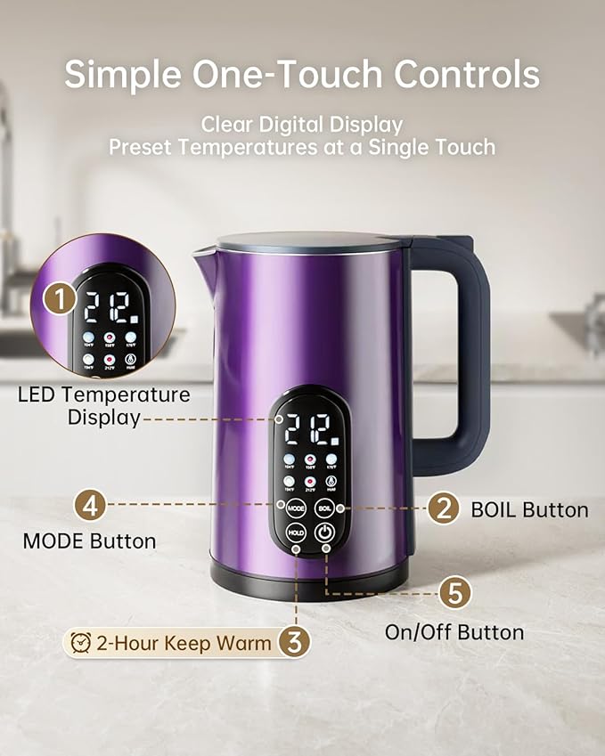 Electric Kettle with Temperature Control, 1.7L Stainless Steel Hot Water Kettle, 5 Presets for Tea & Coffee, 2H Keep Warm, Fast Boil, Auto Shut-Off & Boil-Dry Protection, Cordless Tea Kettle,Purple
