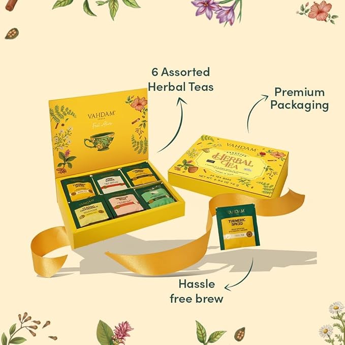 VAHDAM, Assorted Herbal Tea Variety Pack (6 Variants, 36 Tea Bags) Caffeine Free, Gluten Free, Non GMO | Eco Friendly Long Leaf Pyramid Tea Bags I Tea Gift Set for Men and Women