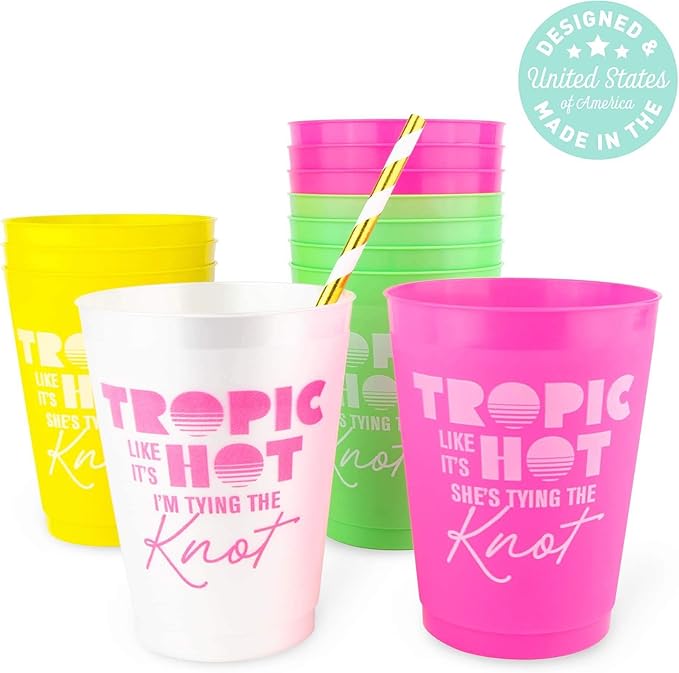 Stag & Hen Tropic Like It's Hot Bachelorette Party Cups - 12 Pack, 16 oz Cups | Custom Drinkware for Summer, Beach, Miami or Florida Bridal Shower, Engagement Party | Bridesmaids Gifts, Favors, Decor
