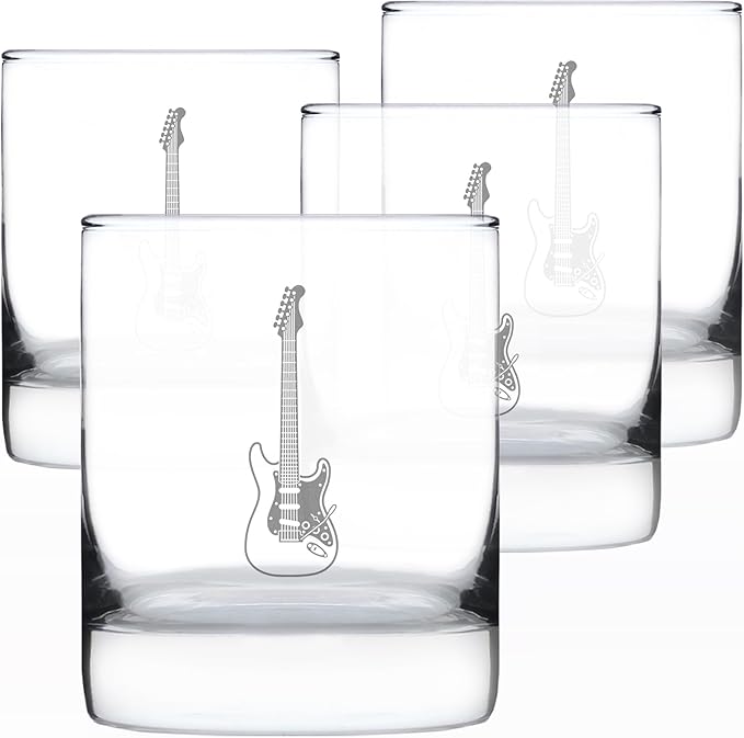 Bevvee Electric Guitar Rocks Glass - Music Gifts for Guitar Players, Teachers and Musical Accessories for Musicians that Play Guitar - Set of 4-10.25 Oz Glasses