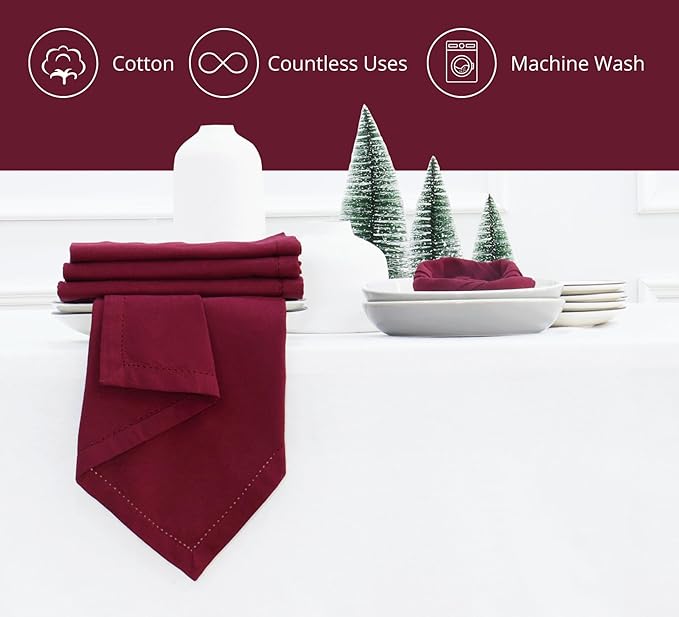 PurpleEssences Set of 6 Hemstitch Cloth Dinner Napkins 100% Cotton - Soft Durable Washable - Ideal for Wedding Christmas Holiday Winter - Perfect Everyday Use Table Linen 18x18 - Burgundy