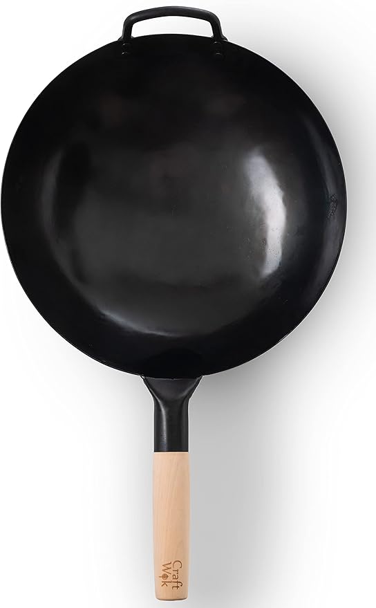 Craft Wok Black13 Pre-Seasoned Hand Hammered Carbon Steel Pow Wok with Wooden and Steel Helper Handle (13 Inch, Round Bottom)