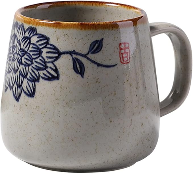 Vintage Coffee Mug Japanese Retro Style Ceramic Cups, 380ml Kiln Change Clay Breakfast Cup Creative Gift for Friends(Style D)
