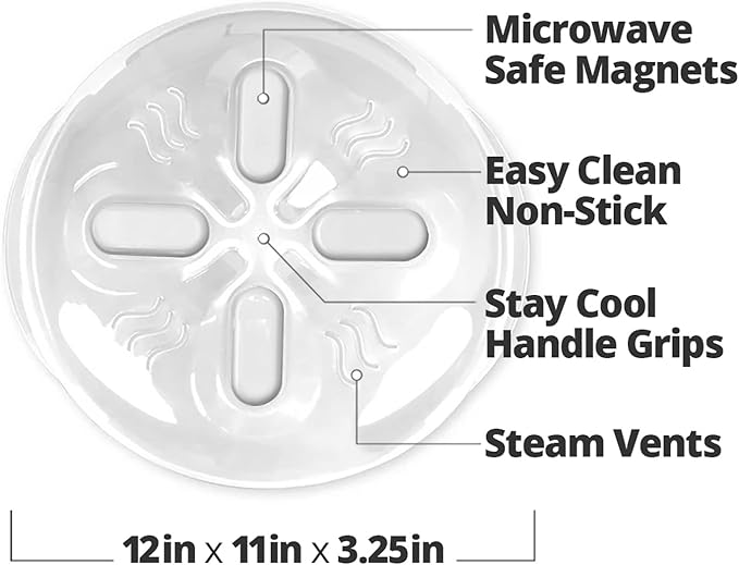 HOVER COVER Magnetic Splatter Cover, 12-Inch Clear BPA-Free Food Lid, Vented Plate Guard with Steam Vents, Anti-Splash Microwave Lid, Dishwasher Safe, Space-Saving Magnetic Storage - Ivory White