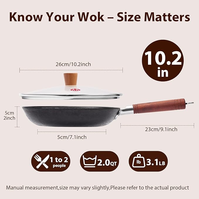 WANGYUANJI 10.2 Inch Cast Iron Skillet & Griddle Pan with Glass Lid, Deep Flat Bottom Frying Pan, Uncoated Small Pan for Eggs, Pancakes & Bacon, for Gas, Electric & Induction Cooktops