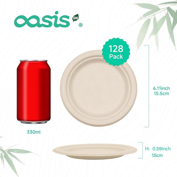 6 Inch 128 Pack Compostable Disposable Paper Plates, Small Dessert Plates, Heavy Duty Sugarcane Bagasse, Biodegradable Eco-Friendly, Perfect for Kids Meals & Parties, Natural