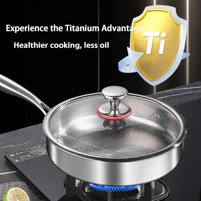 Titanium Hammered Pan Pro with Lid, Multifunctional Ultra-Durable Scratch-Resistant Non Stick, Even Heating for Cooking, Titaniums Nutri Pans Compatible with All Cooktops,9.44in
