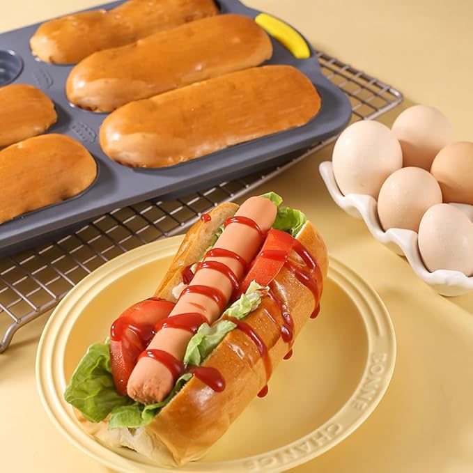 MUJUZE Hot Dog Bun Pan,6 Cavity Bread Loaf Pan,Silicone Hotdog Bun Mold,Nonstick & Heat proof Homemade Hotdog Bun Baking Pans,Sub Roll Baking Pans