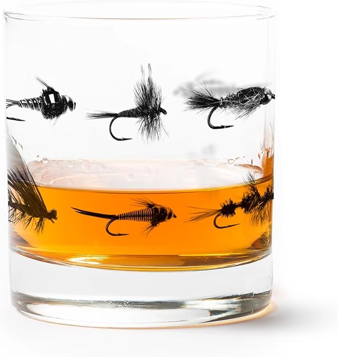 Black Lantern Fly Fishing Whiskey Glass – 11oz Old Fashioned Tumbler with Hand-Printed Fly Pattern – Heavy-Base Rock Glass for Bourbon, Scotch & Cocktails