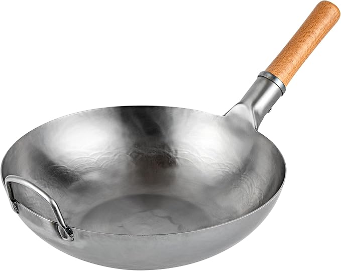 Restaurantware-Motomori 13.38 Inch Hand-Hammered Carbon Steel Wok, 10 Traditional Japanese Wok - Flat Bottom, Wooden Handle, Black Carbon Steel Traditional Stir Fry Pan, With Helper Handle