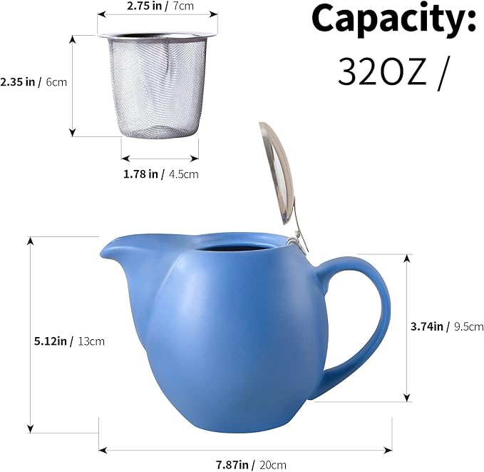 Yundu 32 ounce Blue Porcelain Tea Pot - Stainless Steel Lid and Fine Infuser To Brew Loose Leaf Tea, Enough For 4 Cups