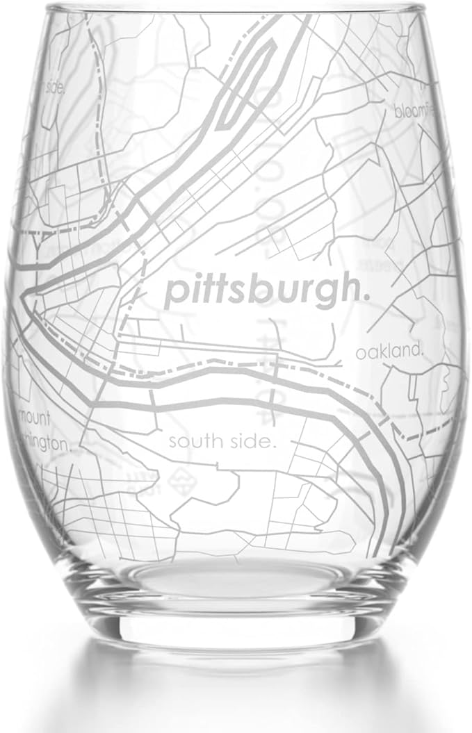 Well Told Engraved Pittsburgh Pennsylvania Map Stemless Wine Glass, Etched Glassware (15 oz, Clear) City Map Gift, Custom Barware, Gifts for Wine Lovers