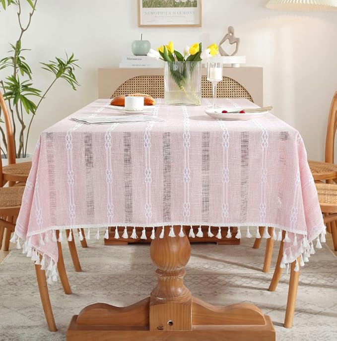 Pahajim Striped Tablecloth Rectangle with Tassels Thick Linen Cotton Table Cloth for Outdoor Picnic Dining and Holiday Kitchen Decor Rectangle/Oblong,55''x102'', 8-10 Seats