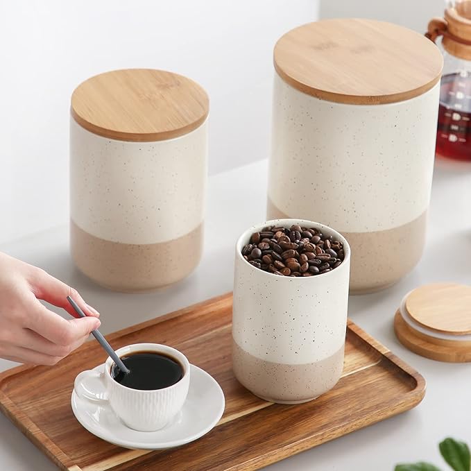 vancasso Sabine Small Ceramic Canister with Airtight Wood Lid - 18 oz Kitchen Storage for Coffee, Sugar, Tea & Spices - Compact Countertop Jar