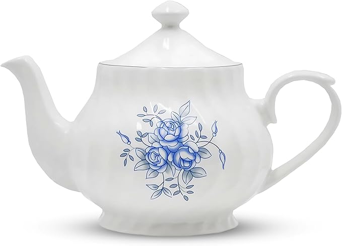 Lynns Porcelain Vintage Teapot with Embossed Swirls 37oz Tea Pot Classic White Tea Set for Parties & Celebrations Ideal Teapot for Tea Cups & Saucers Perfect for Tea Parties - Royal Rose