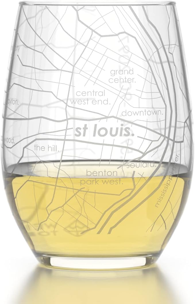 Well Told Engraved St. Louis Missouri Map Stemless Wine Glass, Etched Glass (15 oz, Clear) City Custom Gifts for Lovers