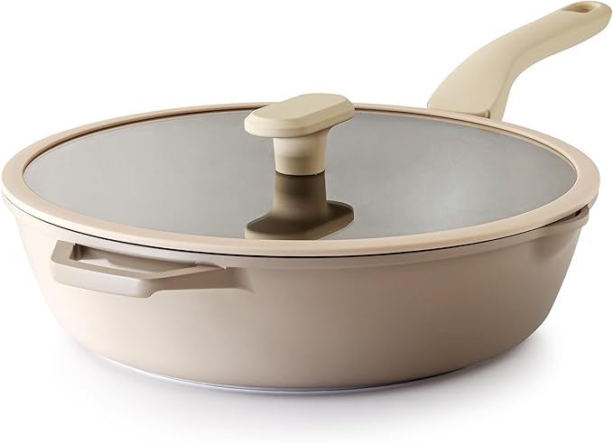 PRICUSIS Nonstick Deep Frying Pan with Glass Lid, 12 Inch (4.8 qt), 5X Durable Nonstick Sauté Pan, Scratch & Stain Resistant, PFOA Free, Induction Compatible, Dishwasher & Oven Safe, Natural Linen