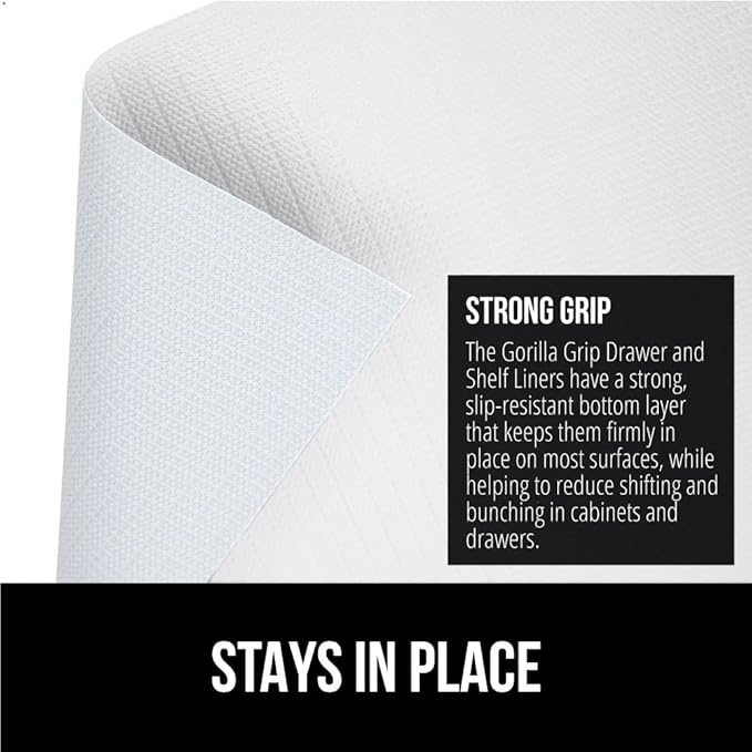 GORILLA GRIP Slip Resistant Drawer and Shelf Liner 2 Pack, Non Adhesive Water Resistant, Easy Clean and Trim, Smooth Surface Liners for Kitchen Cabinet, Shelves, Drawers, Pantry, 20 in x 20 FT, White