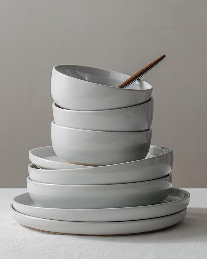 Famiware Milkyway Stoneware Dinnerware Sets with Pasta Bowls, Service for 6 (24 Pieces), Plates and Bowls Sets -Scratch Resistant, Microwave and Dishwasher Safe Dishes Set, Light Gray