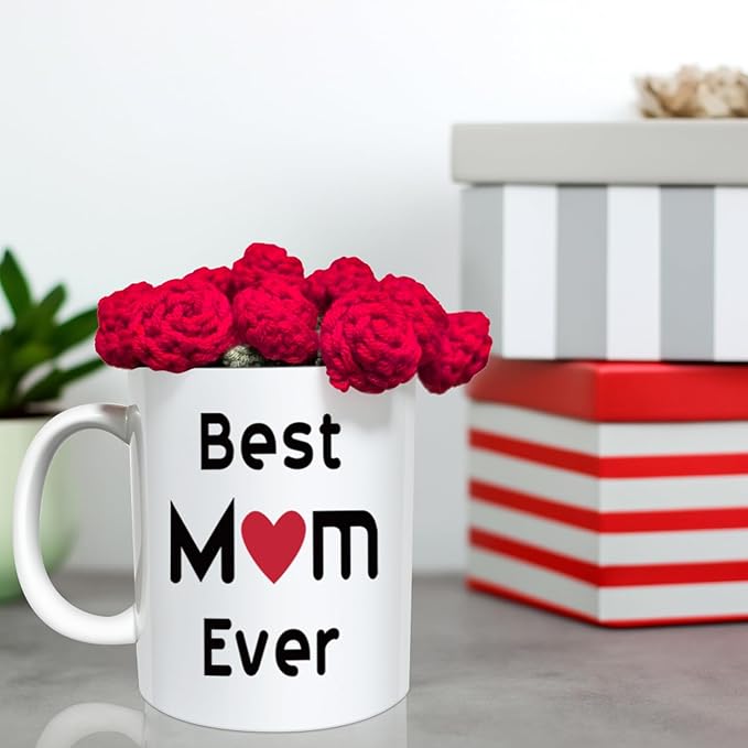 Mothers Day Best Mom Coffee Mug with Handmade Crochet Rose Coaster, Best Mom Ever Unique Christmas or Birthday Gifts Idea for Mother Mama Mommy Porcelain Cup White, 11 Oz