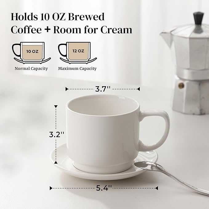 DOWAN 12oz Coffee Mugs, Cappuccino Cup and Saucer Set of 4, White Ceramic Coffee Cups for Latte/Tea/Milk, Tea Cups for Use in Office, Home and Cafes, Microwave Safe