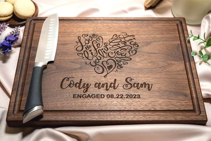 Personalized Cutting Board, Custom Wedding, Anniversary or Housewarming Gift Idea, Wood Engraved Charcuterie, for Newlyweds and Couples, Heart Home Design 041