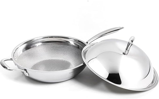 BUFFALO Honeycomb 3ply Stainless Steel Wok Pan 11 inch/28cm with Lid Flat Bottom - Coating-Free Non-stick Stir Fry Pan - Advanced, Scratch-Resistant Design with Stay-Cool Long Handle