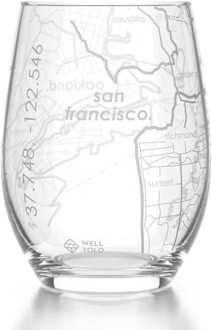 Well Told Engraved San Francisco California Map Stemless Wine Glass, Etched Glass (15 oz, Clear) City Custom Gifts for Lovers