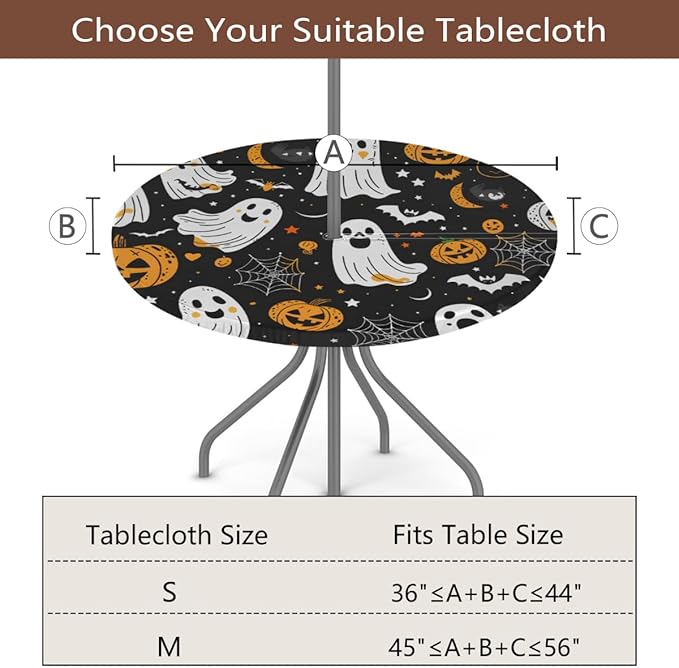 Outdoor Fitted Round Table Cloth with Umbrella Hole, Halloween Ghosts Circle Elastic Tablecloth 36"-44" Waterproof Zipper Patio Table Cover for Picnic Camping Party Halloween Decoration