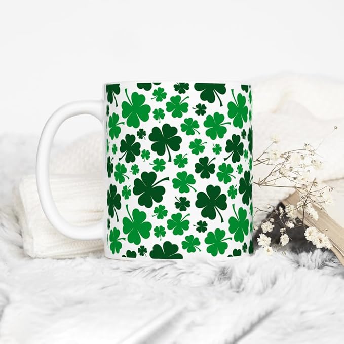Loftipop St Patrick's Day Shamrock Coffee Mug, Green Four Leaf Clover Tea Cup, Gift for Her Mom Friend (11oz)