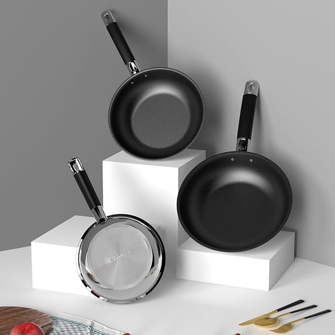 Non Stick Frying Pans, Stainless Steel Kitchen Nonstick Cookware Set of 3, 10” 11.5” 5” Pan, Compatible with All Stoves