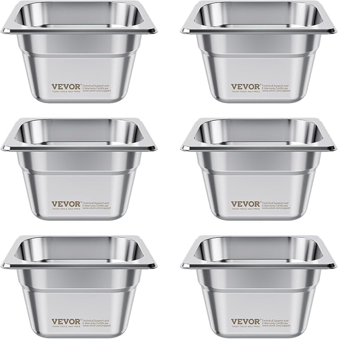 VEVOR 6 Pack Stainless Steam Hotel Pans, 1/6 Size Table Steam Pan, 4 Inch Deep, Anti Jam Restaurant Supplies Reusable Rustproof Catering Storage for Home, Party, Restaurant, Hotel, Buffet
