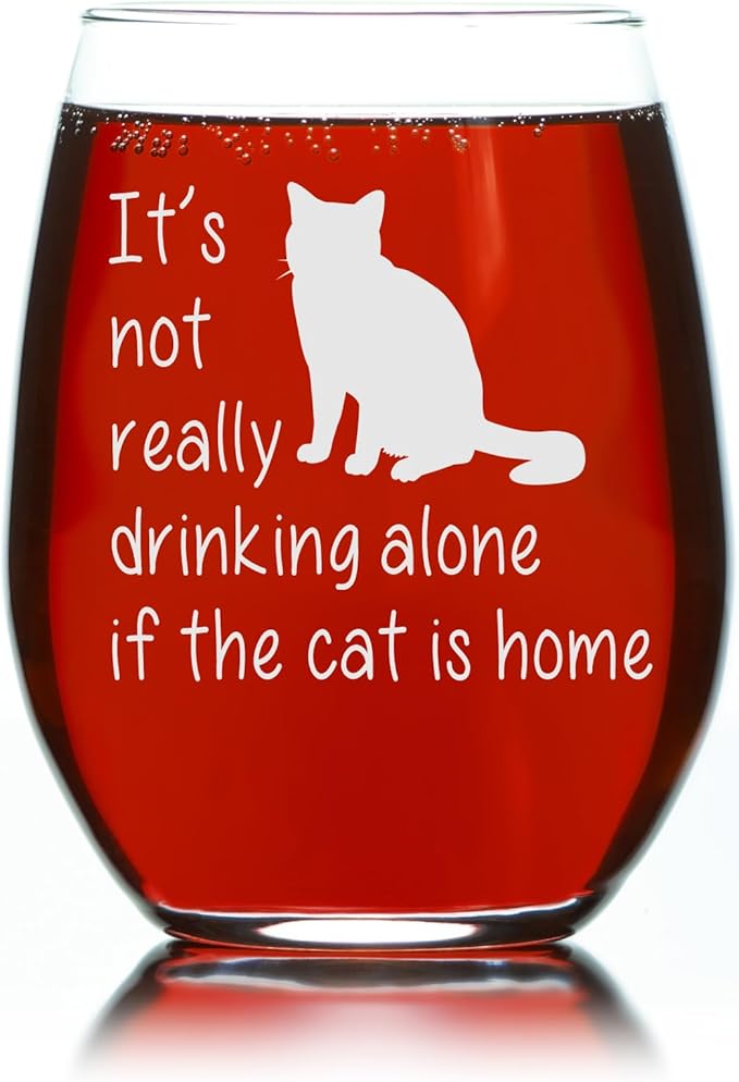 C M The Cat is Home Funny Stemless Wine Glass - Cat Themed Gift for Women and Men - 17 oz (Style C1)