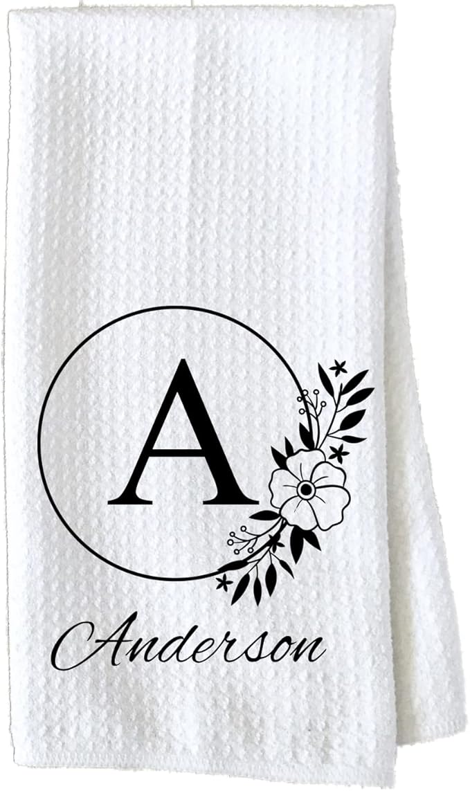 Personalized Kitchen Towel | Custom Tea Towel | Family Name Dish Towel | Kitchen Decor | Hand Towel | Housewarming Gift | Monogram Dishcloth (Wreath 3)