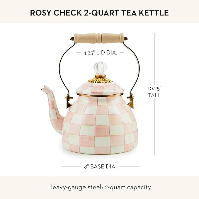 MACKENZIE-CHILDS Enamel Tea Kettle, Stylish Tea Kettle for Stovetop, Pink-and-White Rosy Check, 2 Quarts