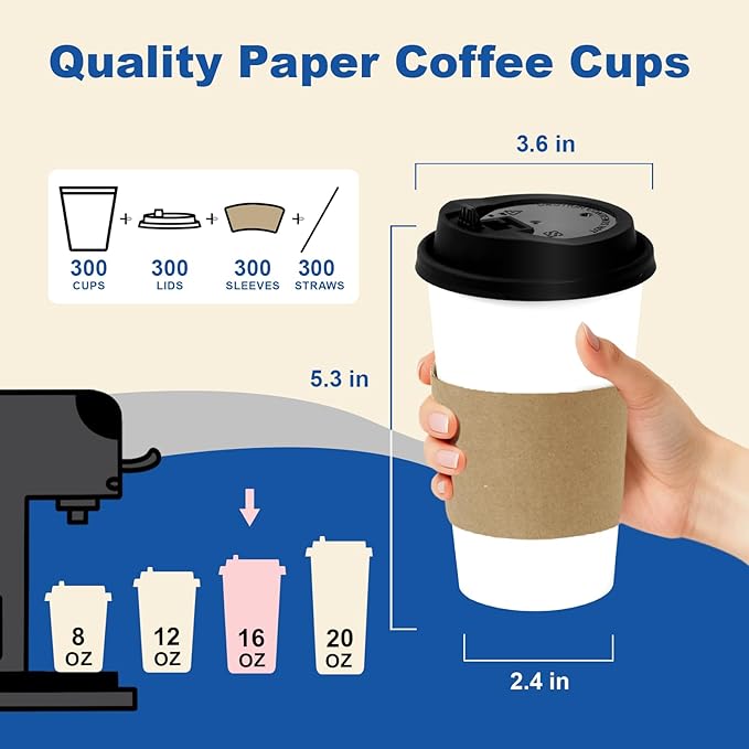 16 oz 300 Pack Coffee Cups with Lids and Sleeves, Straws, Hot Disposable To Go Travel Paper Cups Bulk for Office, Home Coffee Bar Accessories, Chocolate, Cocoa, Beverage (White)