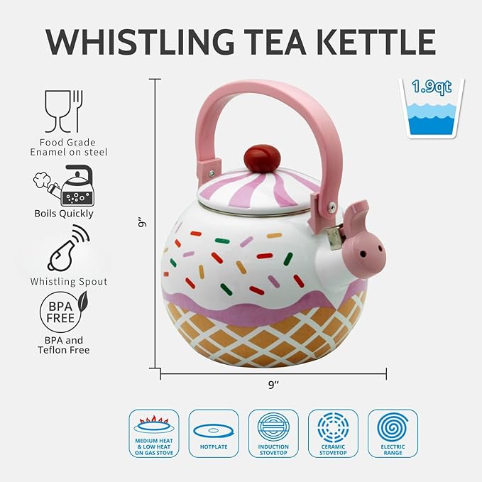 Whistling Tea Kettle Enamel on Steel Teakettle, Supreme Housewares Strawberry Cupcake Design Teapot Water Kettle Cute Kitchen Accessories Teteras, 1.7 Quart