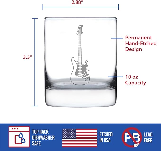 Bevvee Electric Guitar Rocks Glass - Music Gifts for Guitar Players, Teachers and Musical Accessories for Musicians that Play Guitar - 10.25 Oz Glasses