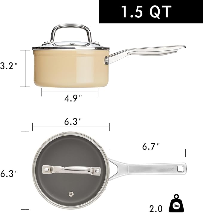MSMK 1.5 QT PFAS-FREE Ceramic enamel saucepan with Tempered Glass Lid, Rice Burnt also Non stick, Dishwasher and Oven Safe, Induction Ready, Compatible with All Cooktops, Butter color