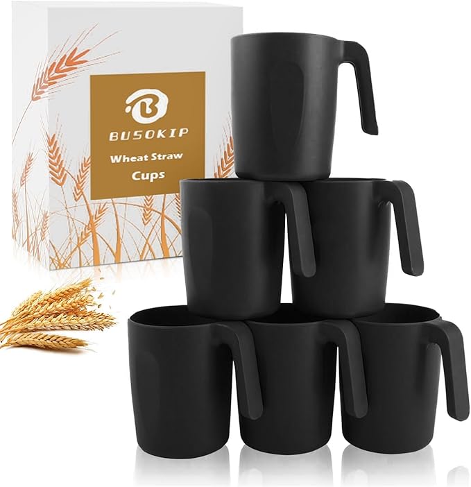 Wheat Straw Coffee Cups 16 OZ, Plastic Coffee Mugs with Handles, Lightweigt &Unbreakable Coffee Mugs Set of 6, Microwave & Dishwasher Safe Drinking Cups for Tea, Camping, Kitchen - Black