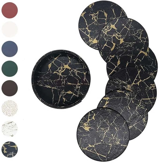 6PCS Leather Marble Coaster Drink Coaster Coaster Easy to Clean Placemat Round Tea Mat Table Mat Rack(A)