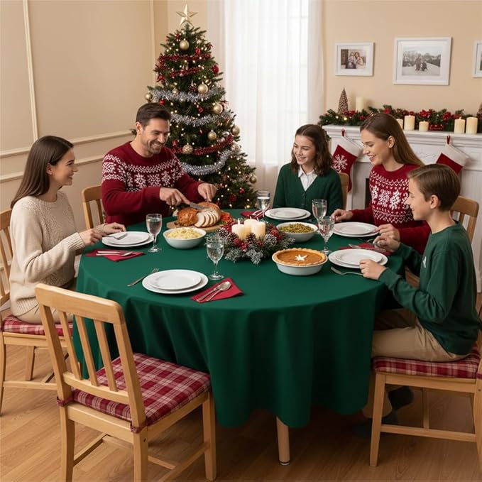 sancua Round Tablecloth - 108 Inch - Water Resistant Spill Proof Washable Polyester Table Cloth Decorative Fabric for Dining, Buffet Parties and Camping, Hunter Green
