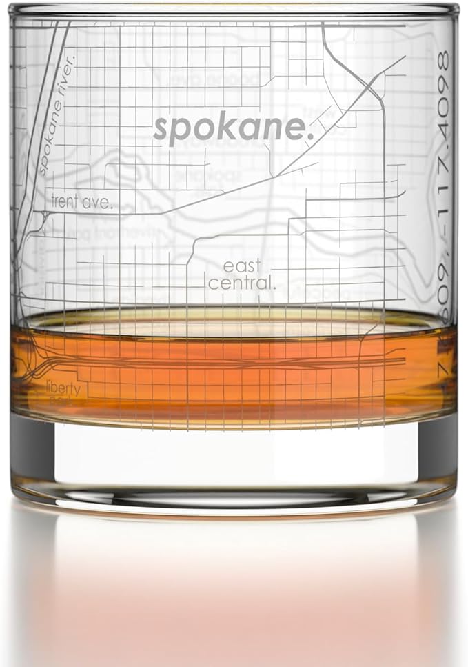 Well Told Engraved Spokane Washington Map Rocks Glass, Old Fashioned Glassware (11 oz, Clear) Etched Bourbon Tumbler, Gifts For Whiskey Lovers