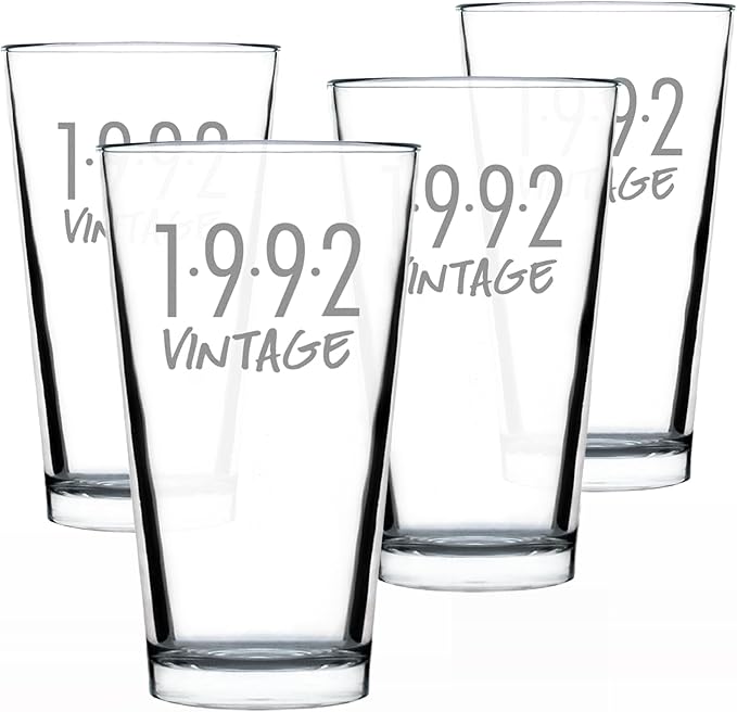 Bevvee Vintage 1992 Pint Glass for Beer - 34th Birthday Gifts for Men or Women Turning 34 - Fun Bday Party Decor - Set of 4-16 oz