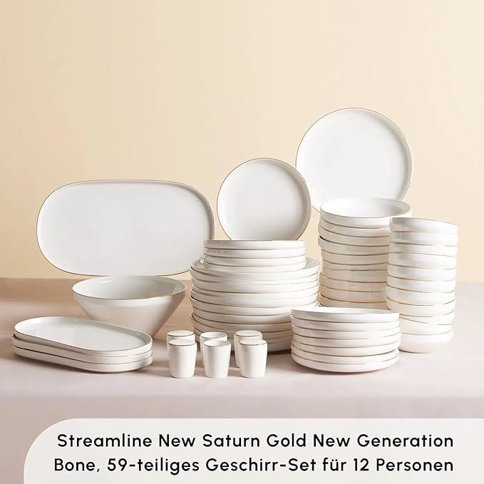 Karaca Streamline New Saturn 59-Piece Dinnerware Set for 12 People,New Generation Bone, Dinner Plates, Pasta Bowls,Salad/Cereal Bowls,Side Plates, Serving Platters,Porcelain Crockery Set, White Gold