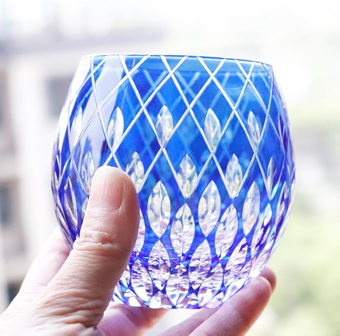 JINZHI Japanese Style EDO Kiriko Whiskey Glasses 11OZ Unique Shape Colored Hand Carved Crystal Glass Tumbler for Bourbon Lovers - Style Glassware for Rum - Rocks Glasses in Gift Box (Sky Blue)