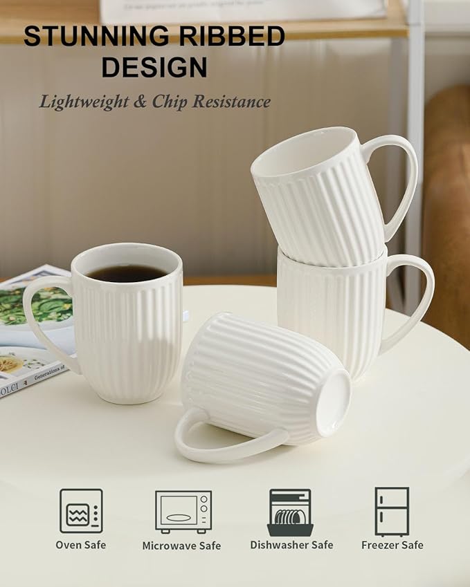 HASENSE Coffee Mugs Set of 4, 16 Oz Coffee Mugs with Big Handle, Large Modern White Ceramic Coffee Cups for Latte, Tea, Cocoa, Milk, Cappuccino, Microwave & Dishwasher Safe, Ideal for Housewarming