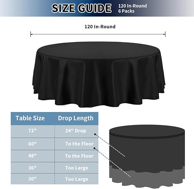 PureFit 6 Pack Round Black Table Cloths 120 Inch for Round Tables, Stain and Wrinkle Resistant Table Linens for Home Use, Wedding, Party, Banquet and Camping